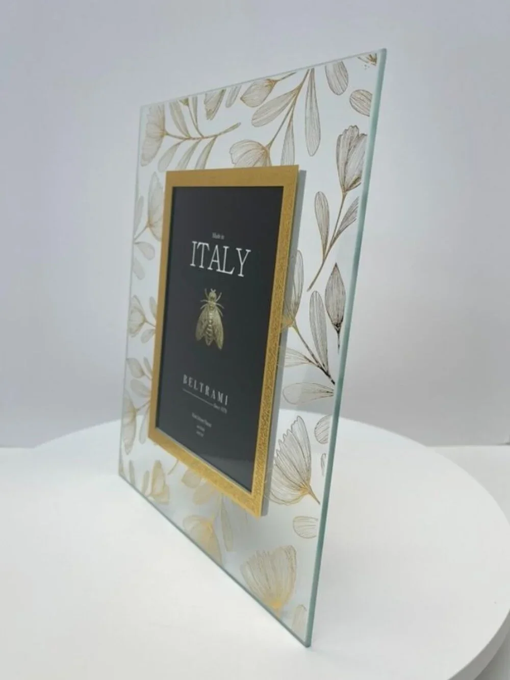 Beltrami Italy Silver Plated 5x7 Frame Gold Floral Glass Photo Holder